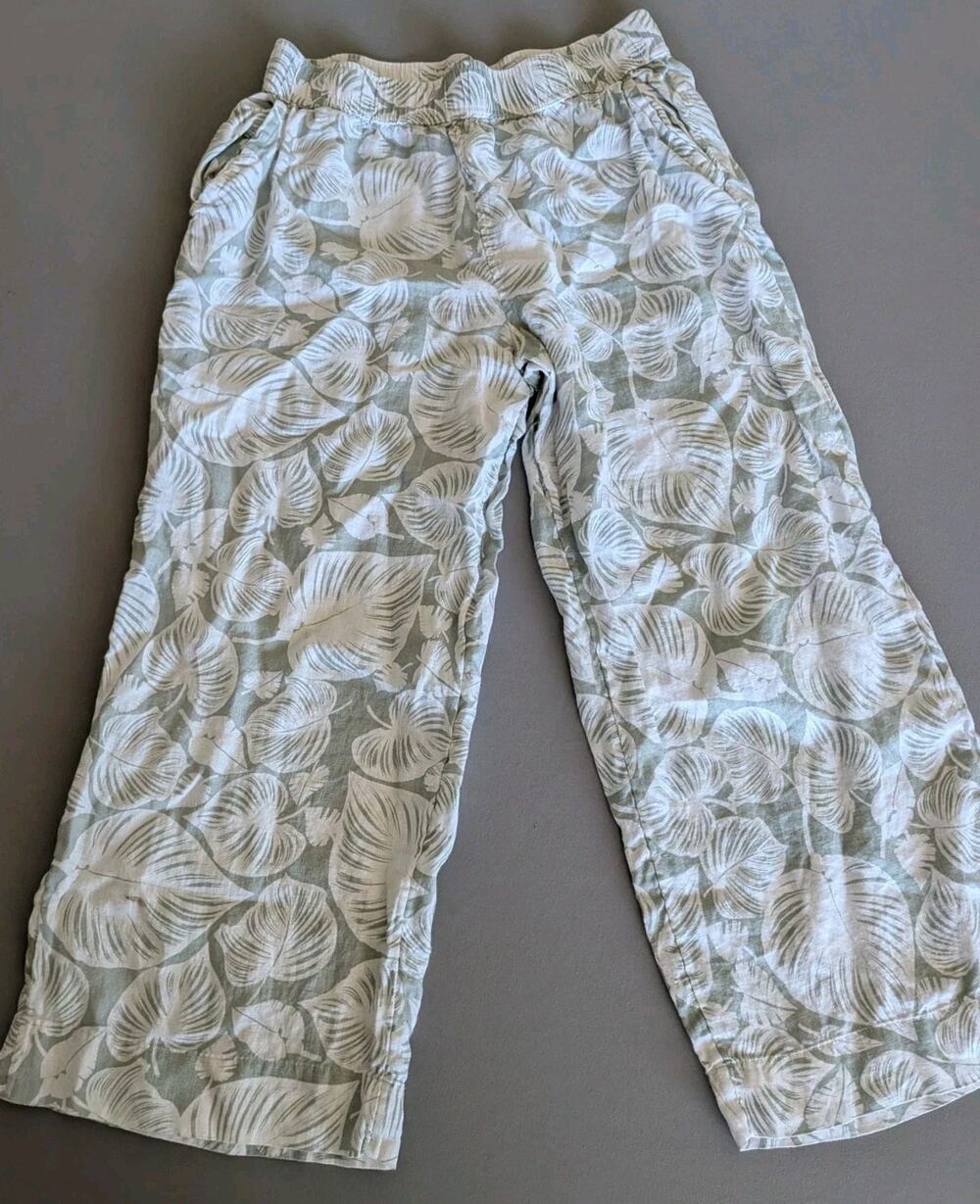 Tahari Linen Wide Leg Pants L Floral Tropical Leaf Pull On Coastal Beach Travel